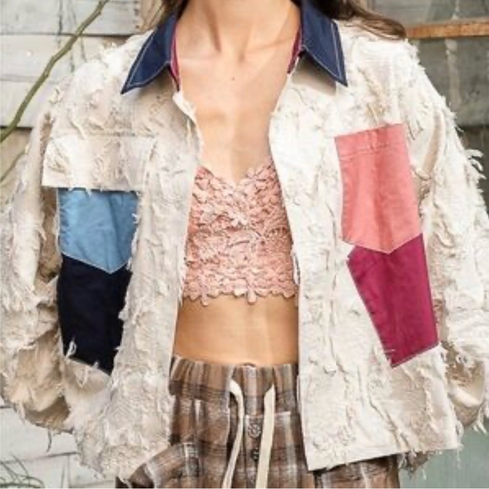Pol Boho Textured Distressed Patchwork Button Dow… - image 1